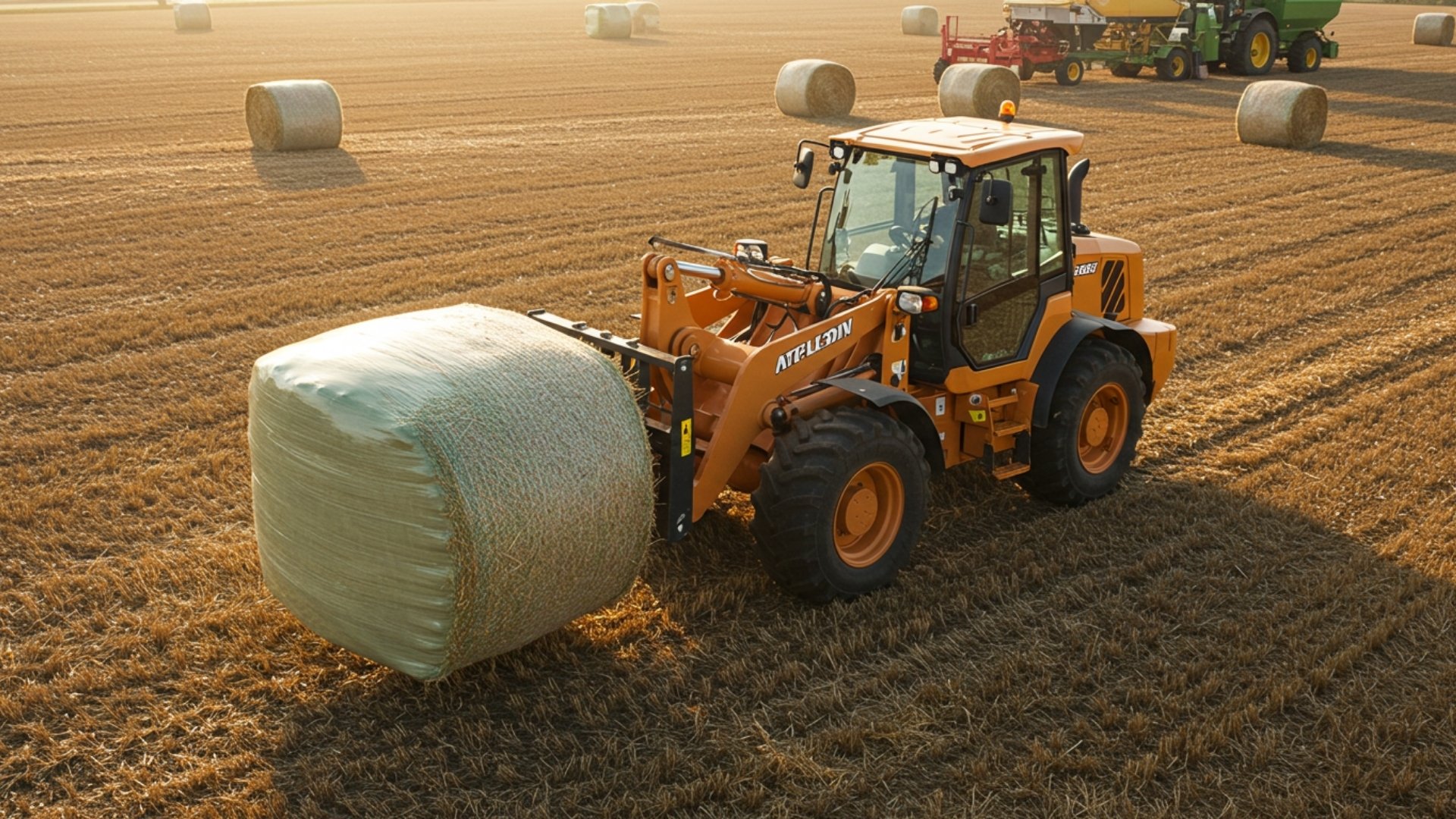 Transportowanie okrągłych beli na skoszonym polu